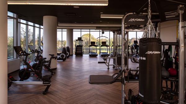Pet-Friendly Apartments in Uptown Chicago, IL - Eight Eleven Uptown - Fitness Center with CardioMachines, Weight-Lifting Machines, and Floor-to-Ceiling Windows.