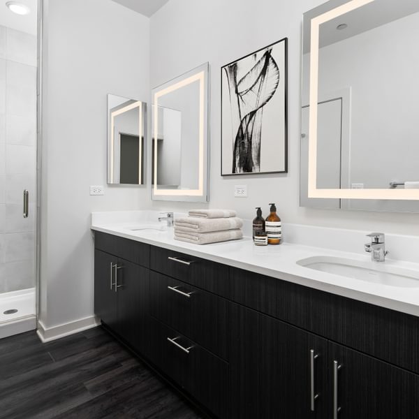 Dog-Friendly Apartments in Uptown Chicago, IL - Eight Eleven Uptown - Bathroom with Double Vanity,Quartz Countertop, Dark Colored Cabinets, Mirrors, Shower with Glass Door, and Wood-Plank Flooring.